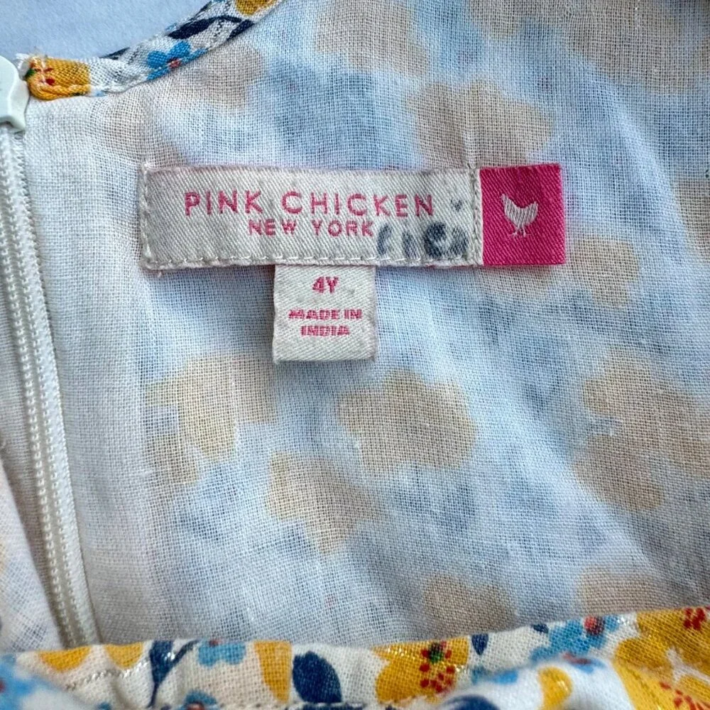 PINK CHICKEN Amma Dress Girls 4T 4 Golden Ditsy Floral Yellow Blue Spring Cotton - Picture 8 of 9